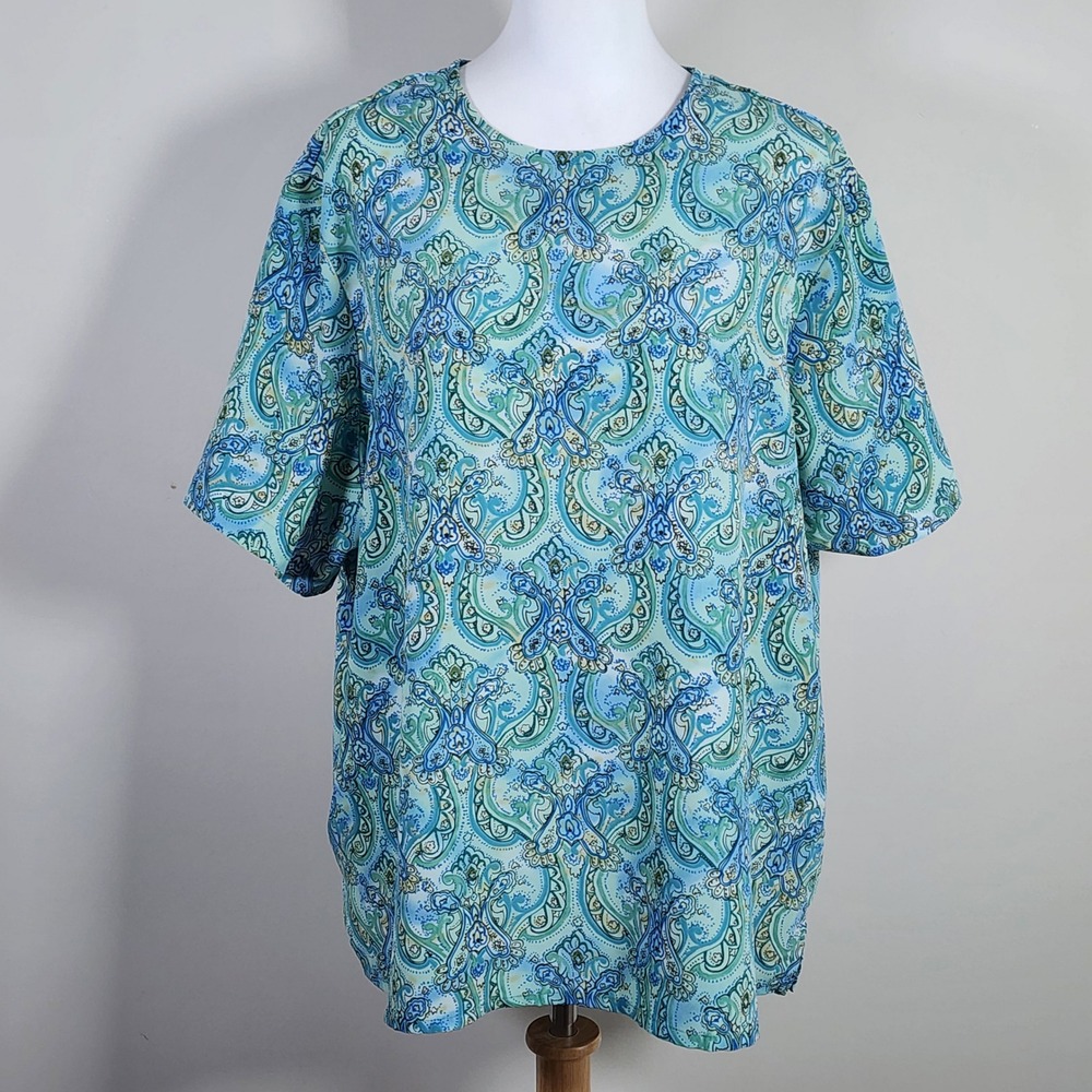 Paisley Blouse Womens XL Blue Short Sleeve Keyhole Back‎ Flowy Lightweight Top